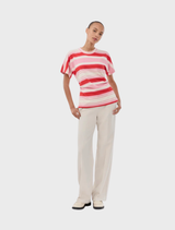 Fitted UrbanMD Stripe T-shirt in hibiscus peach with red and pink stripes, short sleeves, round neckline, and ruched waist.