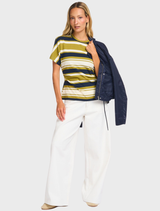 Fitted UrbanMD Stripe T-shirt in Tarragon Navy with red and pink stripes, short sleeves, round neckline, and ruched waist.
