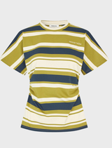 UrbanMD fitted T-shirt featuring navy, red, and pink stripes, short sleeves, round neckline, and a ruched waist design.