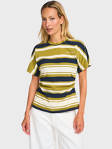 Fitted UrbanMD T-shirt in navy with red and pink stripes, featuring short sleeves, round neckline, and a stylish ruched waist.
