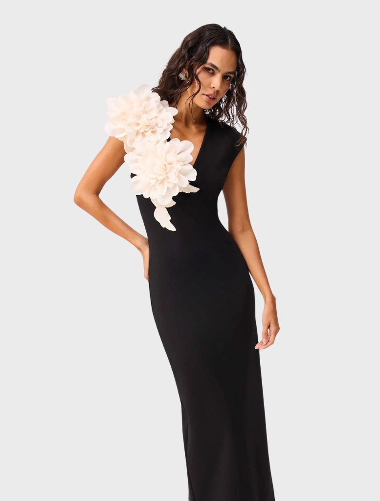 Black Zahara V-Neck gown showcasing a chic and elegant style, perfect for formal occasions.