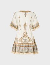 Short v-neck dress adorned with intricate embroidery, showcasing a design influenced by the Ottoman Dynasty.