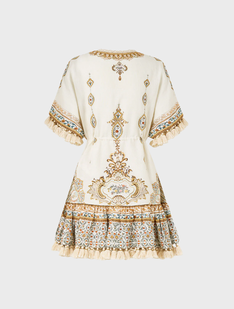 Short v-neck dress adorned with intricate embroidery, showcasing a design influenced by the Ottoman Dynasty.