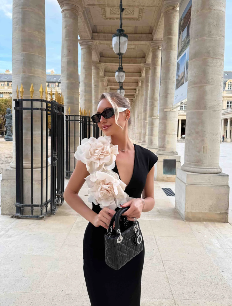 Black Zahara V-Neck gown with a chic silhouette, ideal for upscale events and evening gatherings.