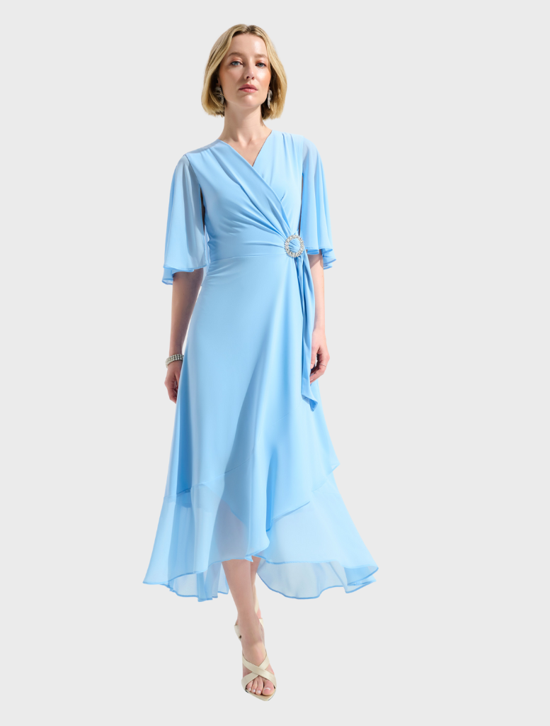 Sky blue V-neck wrap midi dress with a flattering silhouette and flowing fabric, perfect for casual or formal occasions.