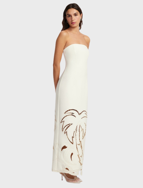 Stylish vanilla maxi dress with a fitted appliqué bustier, ideal for special events or casual summer outings.