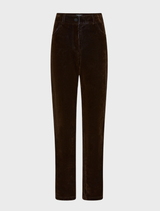 Chocolate velvet jeans displayed on a white background, showcasing their soft texture and rich color.