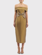 Elegant gold Venus Midi Dress with off-the-shoulder design, embellished bow, fitted bodice, and back-split pencil skirt.