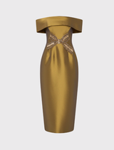Gold Venus Midi Dress featuring an off-the-shoulder neckline, diamante bow, fitted bodice, and pencil skirt with a back split.