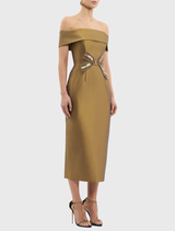 Venus Midi Dress in gold with off-the-shoulder style, custom diamante bow, structured bodice, and back-split pencil skirt.