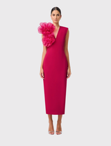 Raspberry pink V-neck maxi dress with 3D floral trim, fitted silhouette, floor-length hem, and centre-back split for movement.