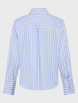 Vica's blue striped shirt, showcasing a stylish pattern ideal for various occasions.