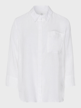 White Vicki linen shirt displayed on a hanger, showcasing its lightweight fabric and casual design.