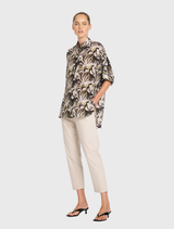 Bayleaf Villa Overshirt, designed with a relaxed fit, stand collar, and short dolman sleeves, made from mid-weight silk.
