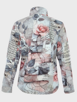 Stylish women's jacket adorned with a pattern of roses and leaves.