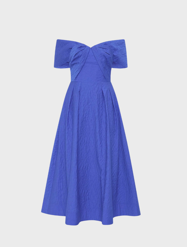 A blue dress featuring a ruffled neckline, elegantly draping to create a stylish silhouette.