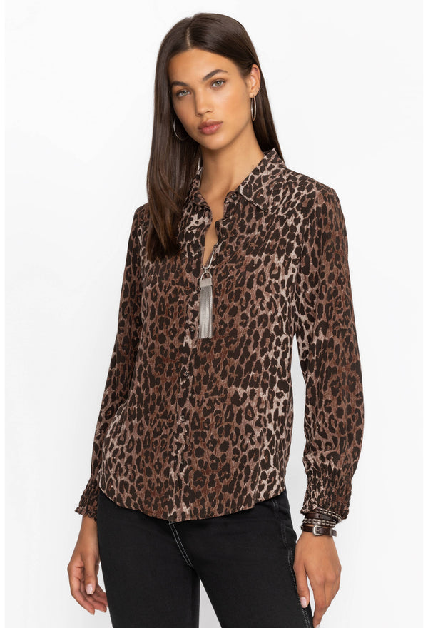 Smocked Cuff Western Shirt - Og Leopard