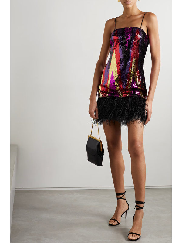 Kaia Feather-Trimmed Sequined Mini Dress