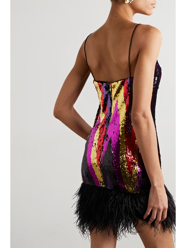 Kaia Feather-Trimmed Sequined Mini Dress