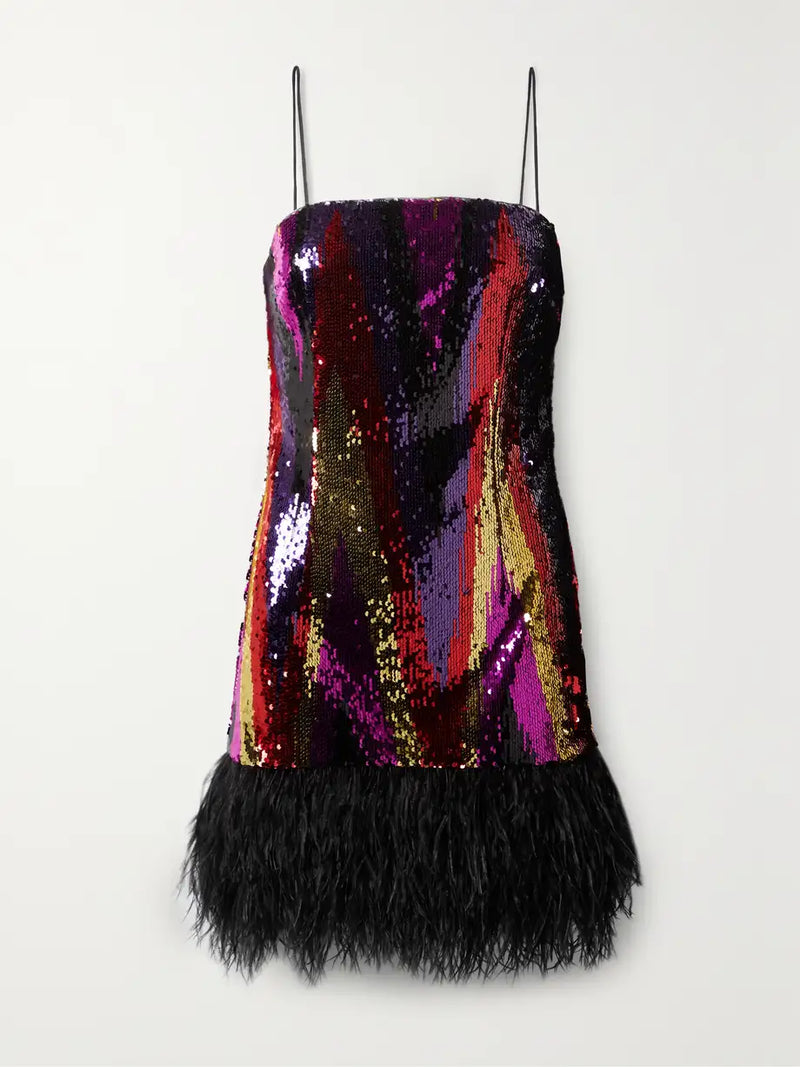 Kaia Feather-Trimmed Sequined Mini Dress