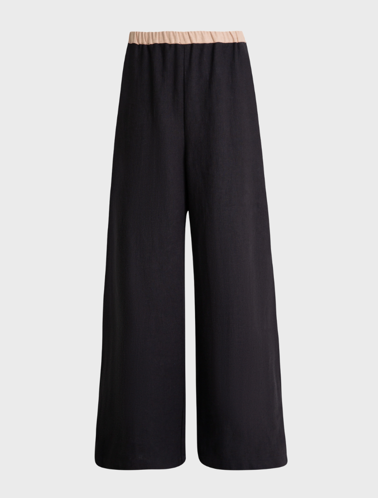 Black wide leg pants with pink trim, labeled as "Walk Right Up Trouser Black.