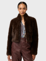 Stylish cropped jacket in walnut faux fur, featuring a plush texture ideal for adding warmth and elegance to outfits.