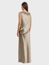 Elegant Yaluma Maxi Dress in Walnut, crafted from woven satin, showcasing a structured silhouette for versatile styling.