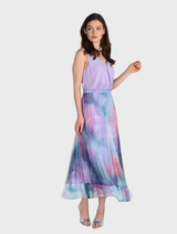 Elegant watercolour pleated skirt in aqua and lilac, designed with delicate pleats for a graceful appearance.