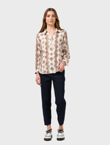 Waverly Blouse, taupe multi color, showcasing a chic design with a mix of soft hues and intricate patterns.