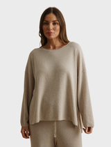 Cozy Winter Retreat Merino Cotton Pullover in a warm wheat hue, ideal for winter fashion and comfort.
