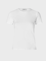 High-neck white t-shirt in a tight fit, crafted from ribknitted organic cotton for comfort.