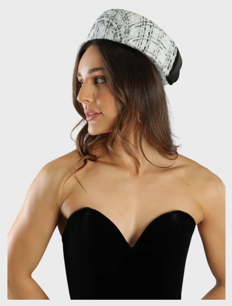 Elegant white Pillbox Hat by Kennedy Racewear, ideal for adding a chic touch to race day outfits.