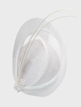 Elegant white Molly fascinator featuring intricate details, ideal for enhancing formal attire at events.