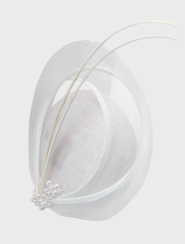 Elegant white Molly fascinator featuring intricate details, ideal for enhancing formal attire at events.