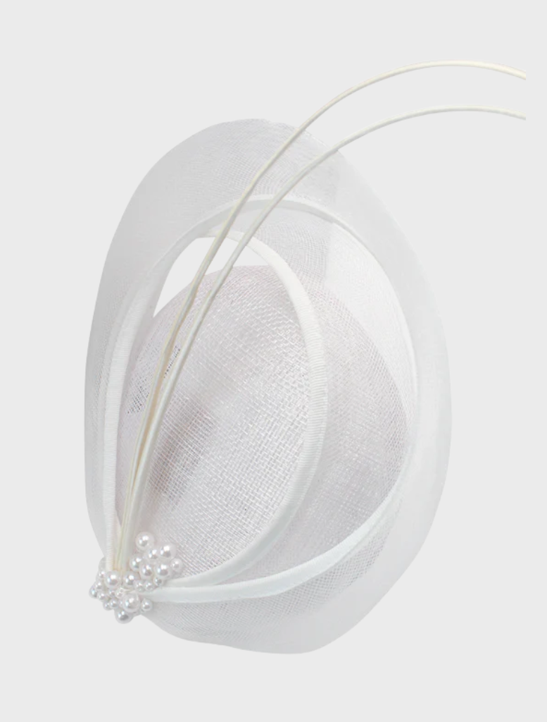 Elegant white Molly fascinator featuring intricate details, ideal for enhancing formal attire at events.