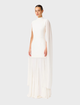 Chic white gown with flowing cape sleeves, designed for a refined and elegant look at special events.