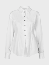 Front view of a white Ullismd shirt, highlighting its collar and button details.
