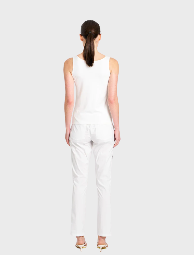 Front view of white Zip Cargo pants, emphasizing their contemporary style and utility with various pockets.