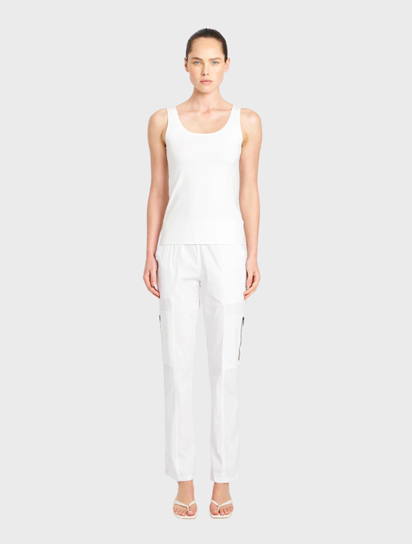 A pair of white Zip Cargo pants laid flat, featuring multiple pockets and a modern cut for casual wear.