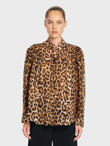 Wildcat print blouse in soft linen voile with front yoke detail and gathered panels, showcasing an elevated essential design.
