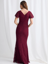Emery's wine lace dress, characterized by its beautiful lace texture and stylish fit.