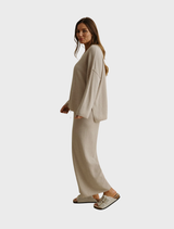 Stylish Winter Retreat Merino Cotton Pullover in wheat, designed for warmth and comfort during winter outings.