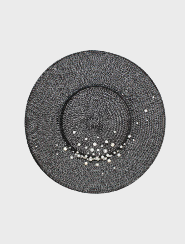 Sophisticated black plate hat by Celia Racewear, crafted for stylish appearances at races and formal events.