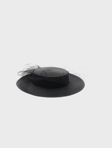 Black boater hat by Danika Racewear, featuring a wide brim, perfect for sun protection and enhancing outdoor outfits