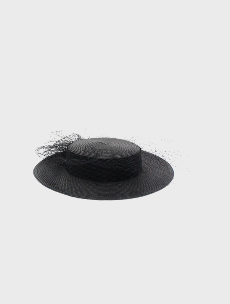 Black boater hat by Danika Racewear, featuring a wide brim, perfect for sun protection and enhancing outdoor outfits