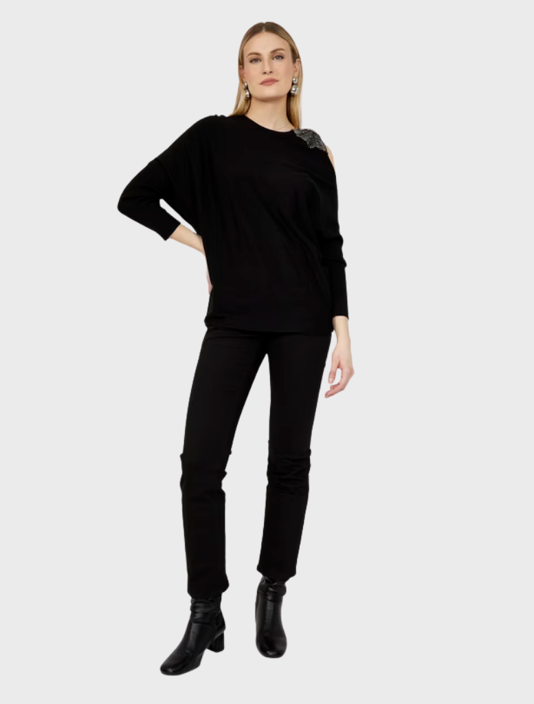 Close-up of a black knit top, showcasing its fabric texture and classic design ideal for layering or standalone wear.