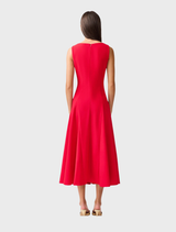 Chic crimson Lila A-Line midi dress, designed with a fitted bodice and a wide, flowing skirt for a sophisticated look.