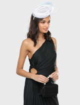 Graceful white Molly fascinator with subtle accents, designed to complement formal wear at special occasions.