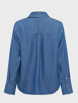 Navy denim shirt with long sleeves and a button-down collar.