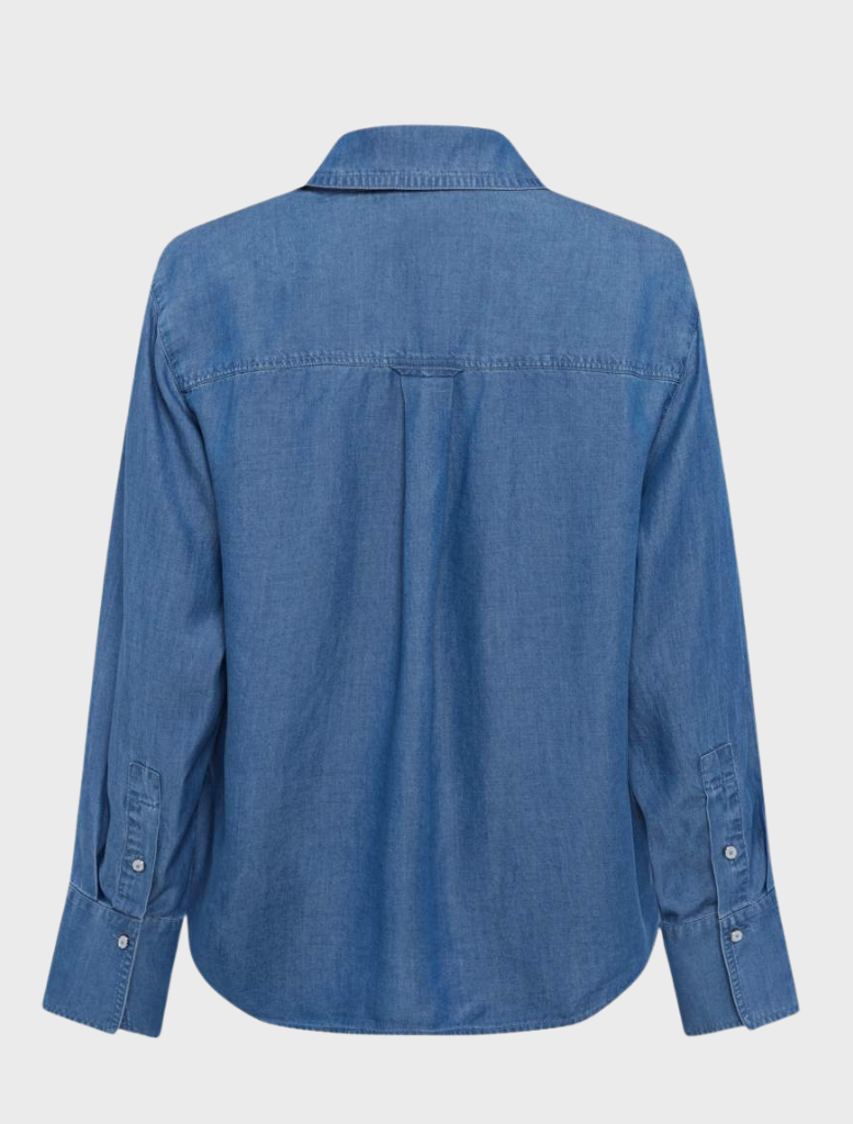 Navy denim shirt with long sleeves and a button-down collar.